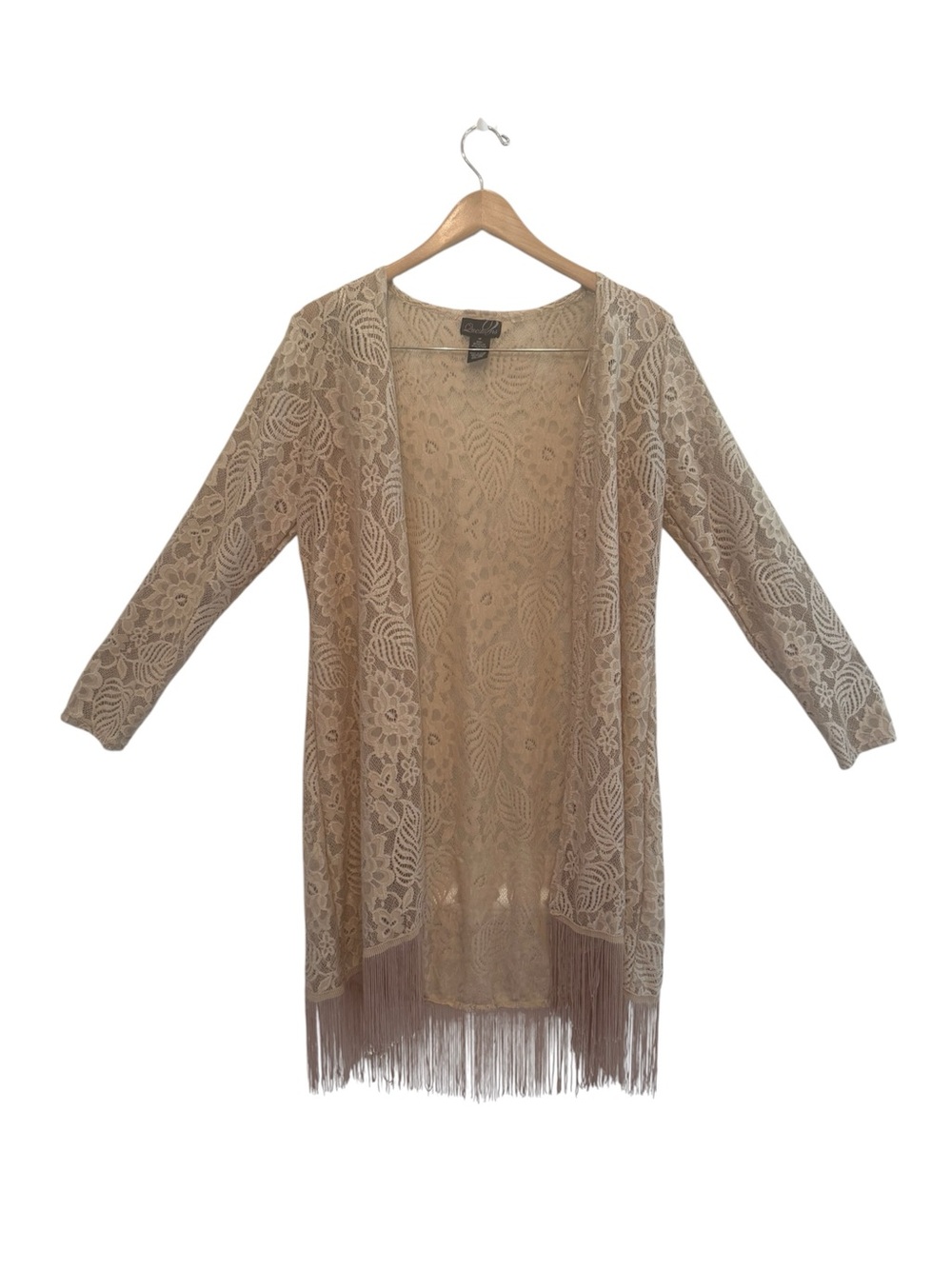 Questions Y2K Boho Lace Fringe Open Kimono Cardigan in Beige Sz Med EUC Resort